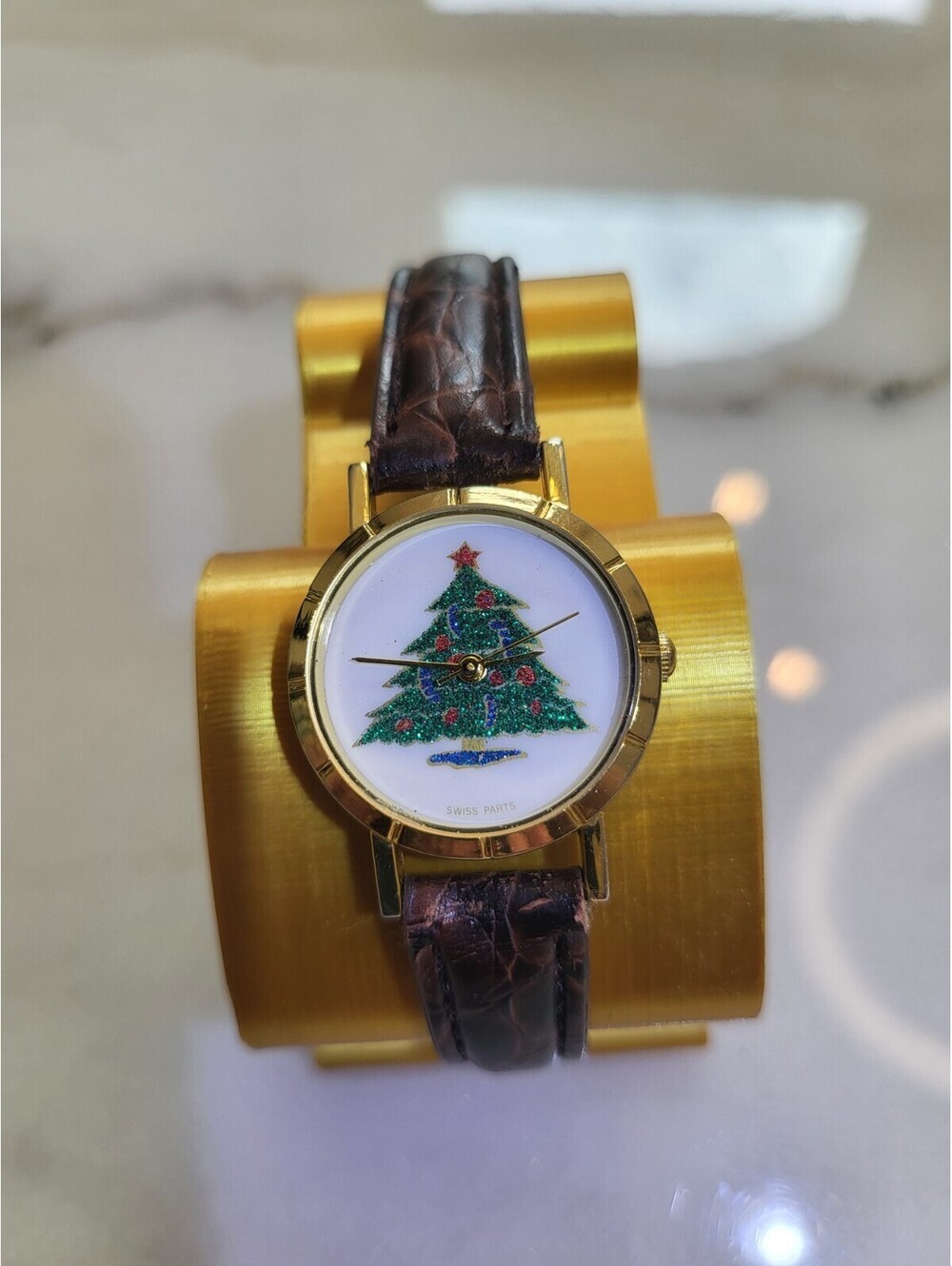 Vtg Christmas Tree Watch Quartz Goldtone Brown Band New Battery Working